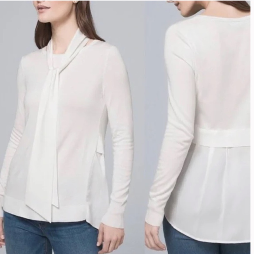 NWT White House Black Market Creamy White Pleated Back Tie Neck Sweater